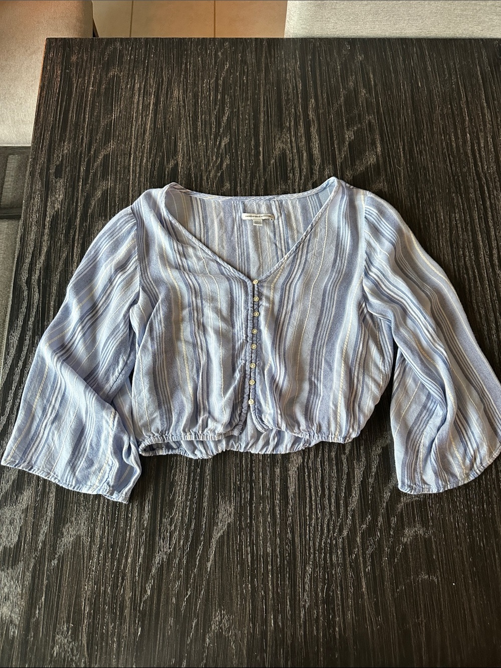 American Eagle Wide Sleeve Cinch Hem Button Front Flowy Top Stripe Blue, Size S